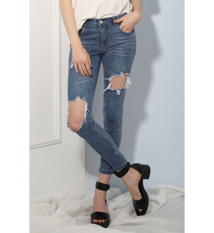 Dark Blue Ripped Distressed Denim Pants