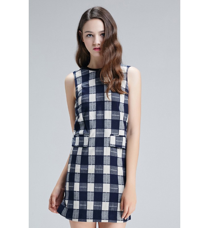 Dark Navy Plaid Sleeveless Dress