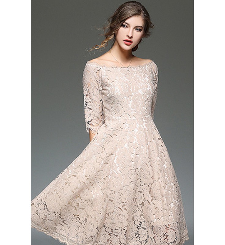 Beige Boat Neck Lace Dress