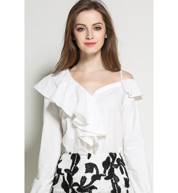 White Ruffle Button Shirt