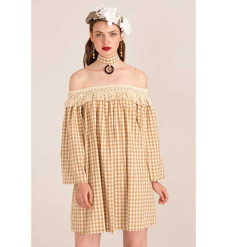 Yellow Off The Shoulder Plaid Dress