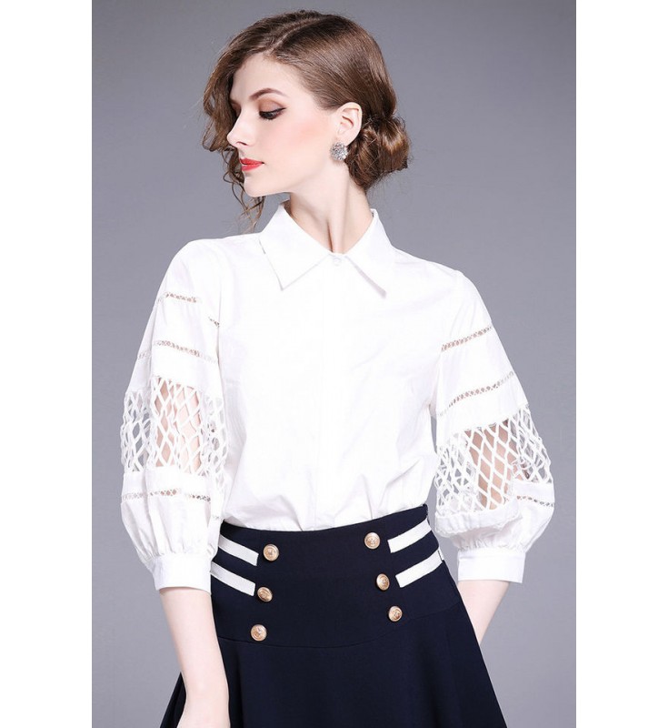 White Hollow Lantern Sleeves Blouse