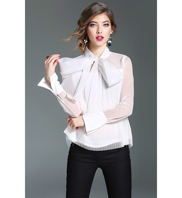 White Sheer Long Sleeves Bow Blouse