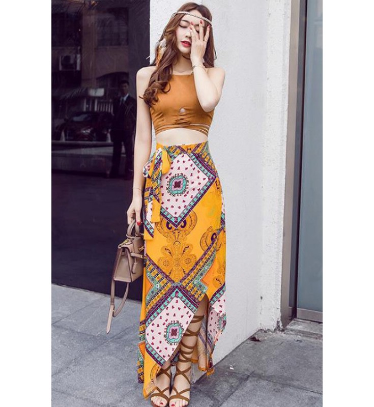 Yellow Print Two Piece Maxi Dress