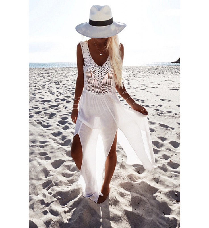 White V-neck Split Front Maxi Dress